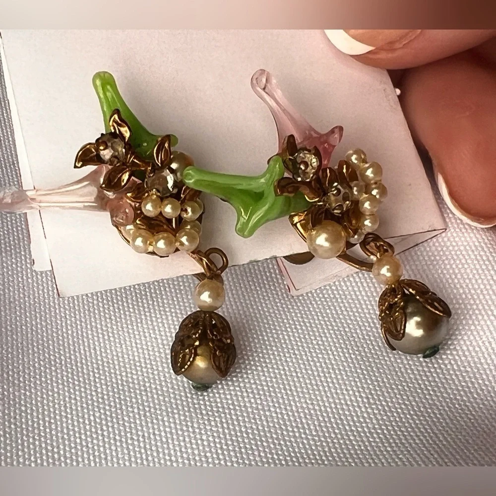 Vintage Rare Early Miriam Haskell Robert Brass Filigree glass leaf Earrings Set